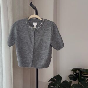 H&M Gray Short Sleeve Sweater with Embellished Neckline - Size S